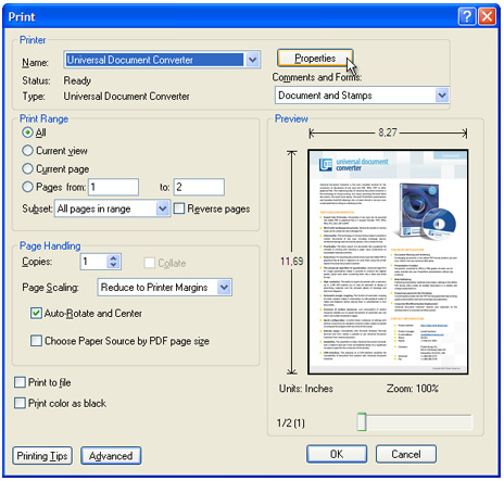 Select "Universal Document Converter" from the printers list and press "Properties" button.